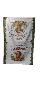 Decorative tea towel with Christmas design and text on a white background