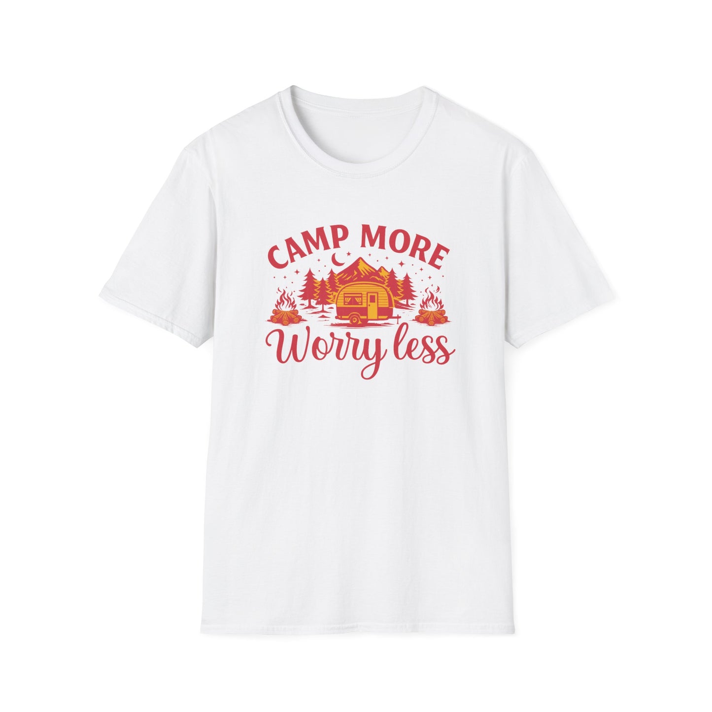 T-Shirt - 'Camp More, Worry Less' Retro Cabin Camping