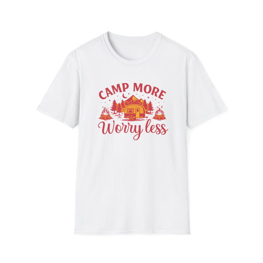 T-Shirt - 'Camp More, Worry Less' Retro Cabin Camping