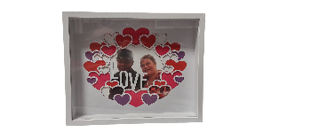Heart-shaped frame with two people's photo and 'LOVE' text on a white background