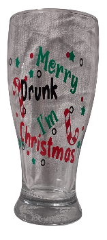 Clear glass with colorful text and designs