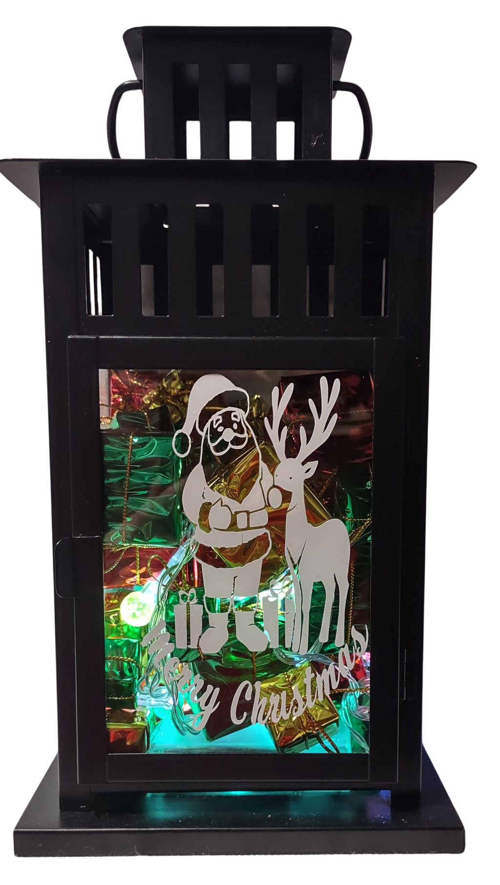 Decorative Christmas lantern with Santa Claus and reindeer design