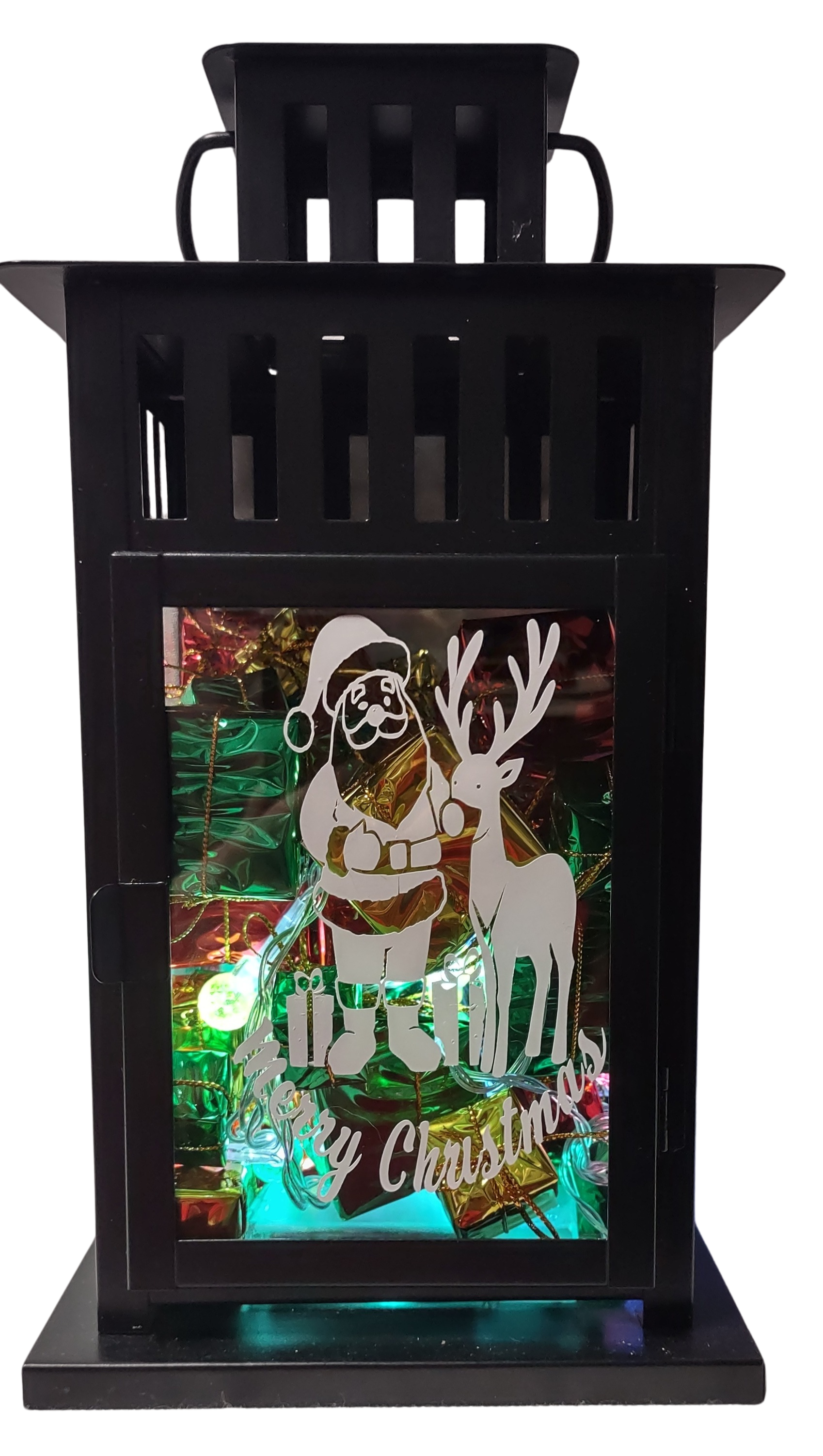 Decorative Christmas lantern with Santa Claus and reindeer design