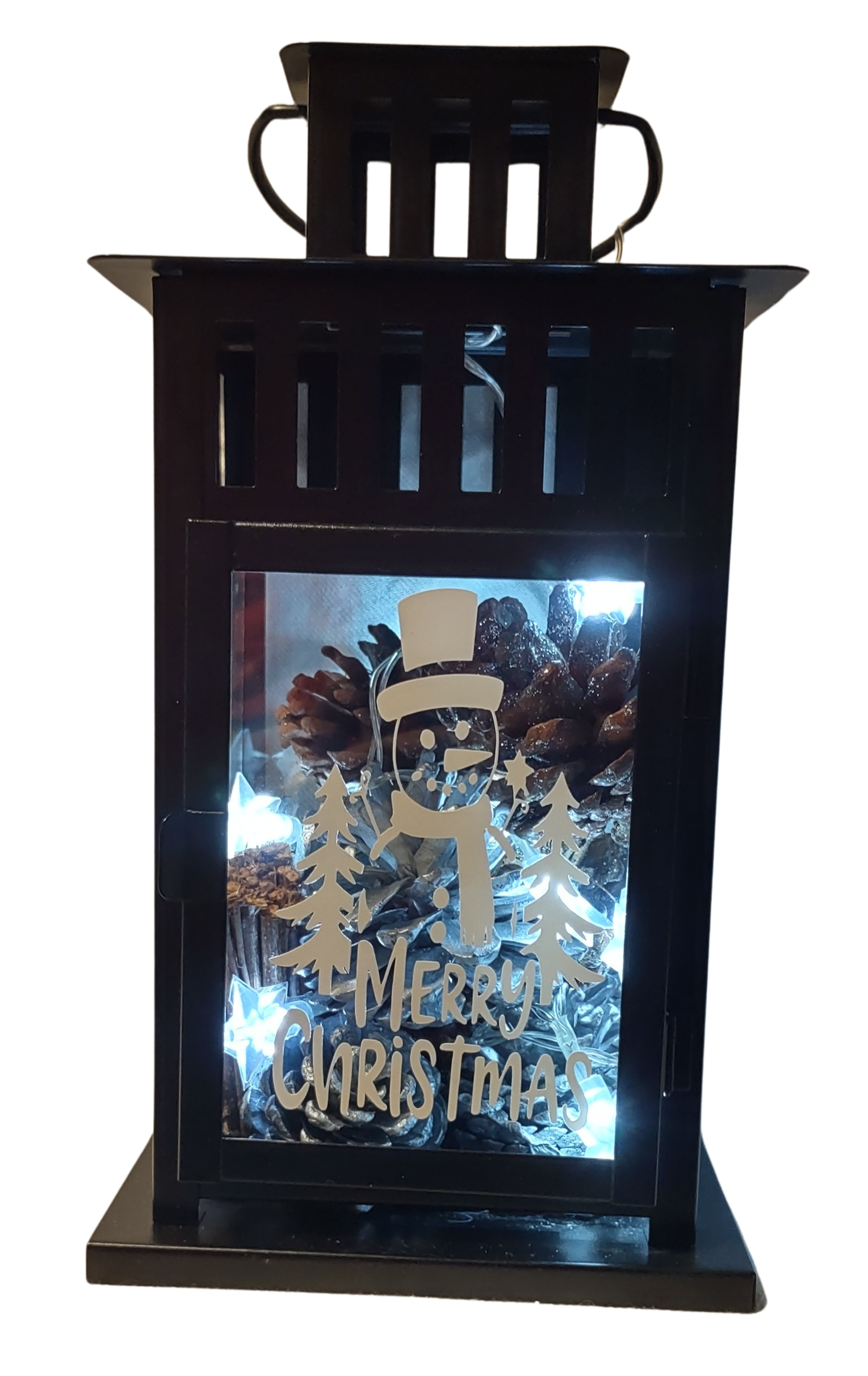 Decorative Christmas lantern with LED lights and 'Merry Christmas' text.