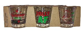 Three shot glasses with Christmas-themed text and graphics
