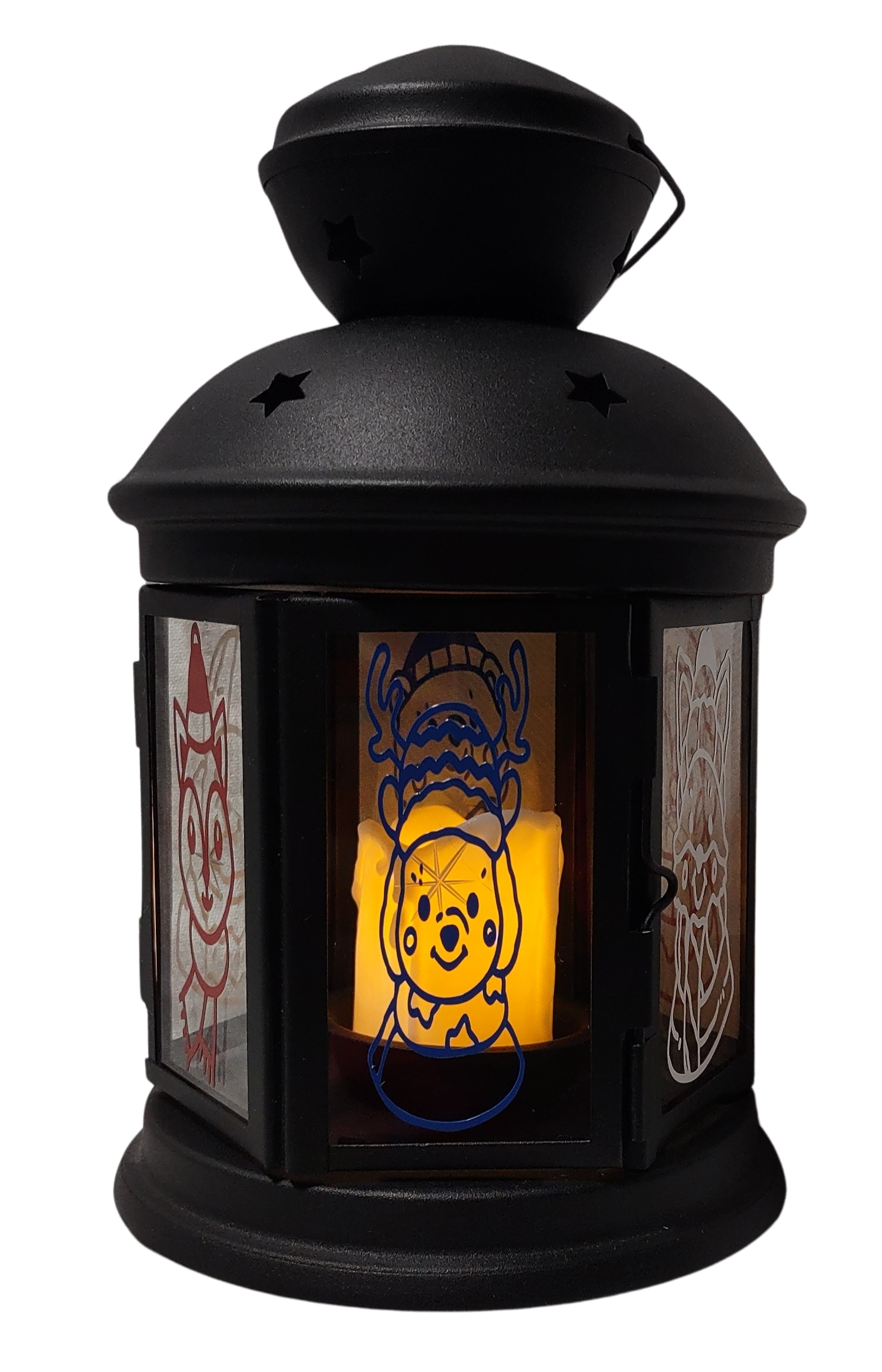 Black lantern with a glowing interior featuring cartoon characters