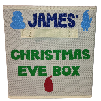 Collapsible Cube Christmas Eve box personalized with child's name 'JAMES' printed on it, featuring festive designs.